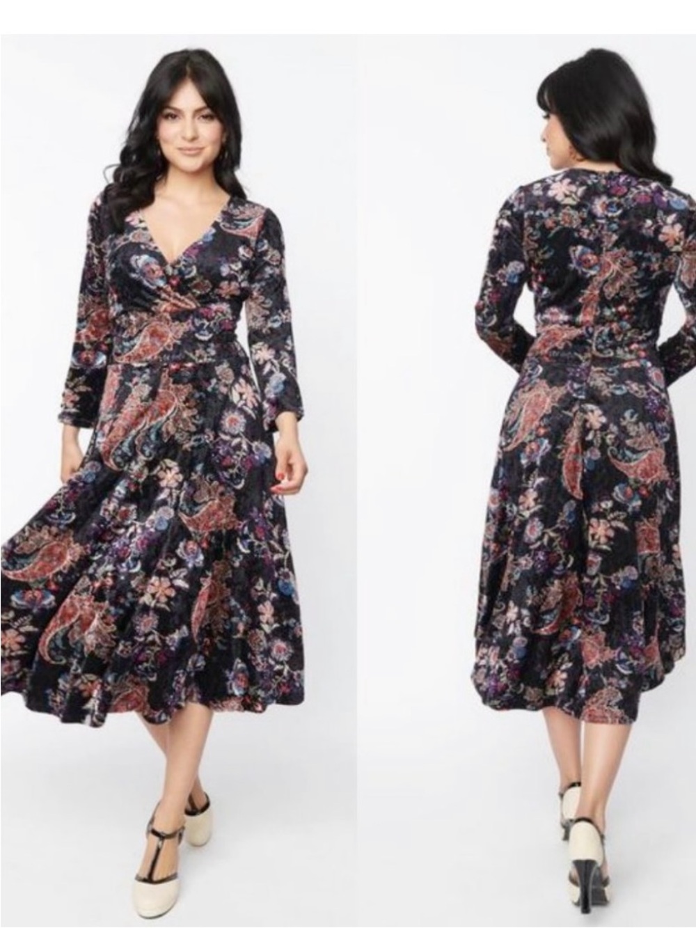 Unique Vintage Black Floral Paisley Wrap Maxi Dress  Coral & Blue Accents 3X